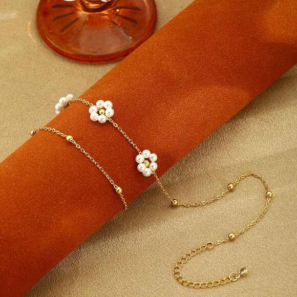 Women's Flower Gold Pearl Necklace 14k Gold Plated Dainty Pearl Necklace Choker - Picture 6 of 7